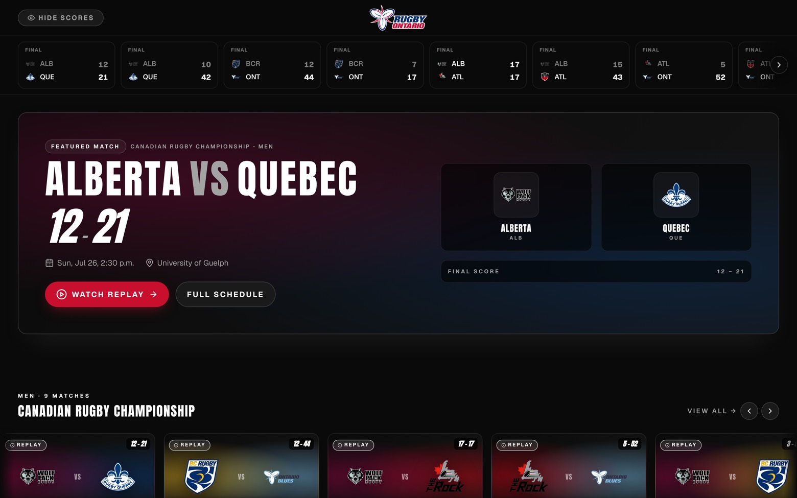 Rugby Ontario TV: a results rail, and a featured Canadian Rugby Championship match with Watch replay and Full schedule.