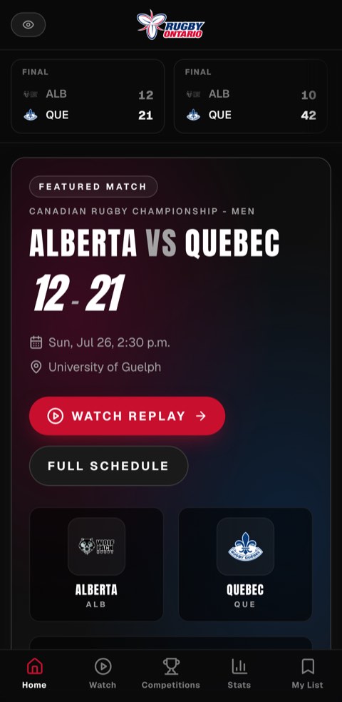 Rugby Ontario TV on a phone: results, the featured match and the replay centre.