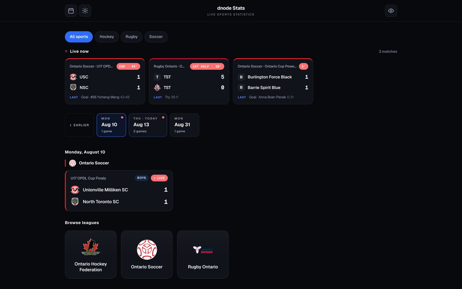 stats.dnode.app showing three live matches across Ontario Soccer and Rugby Ontario, a date strip and league browsing.