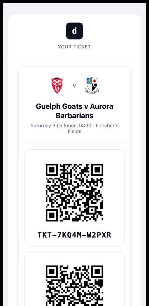 The ticket email: both clubs' crests, the fixture, and a QR code with the ticket code printed under it.